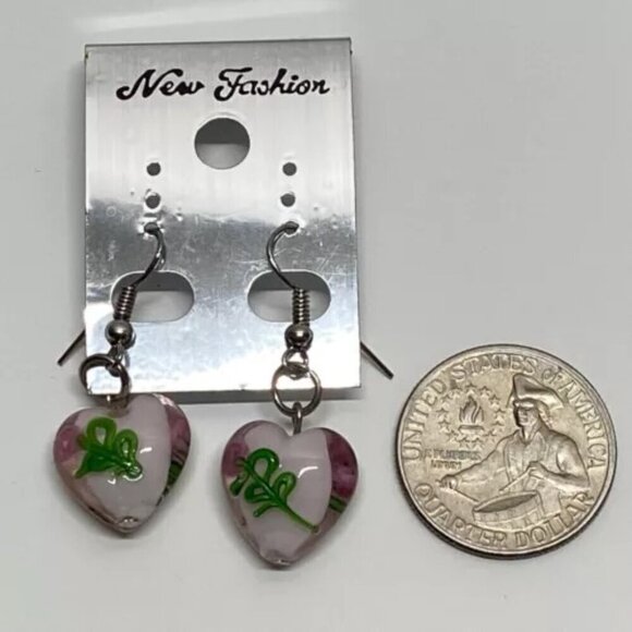 New Fashion Brand Earrings Murano Style Pink Glass Heart Beads Dangle Hook NWT - Picture 4 of 9
